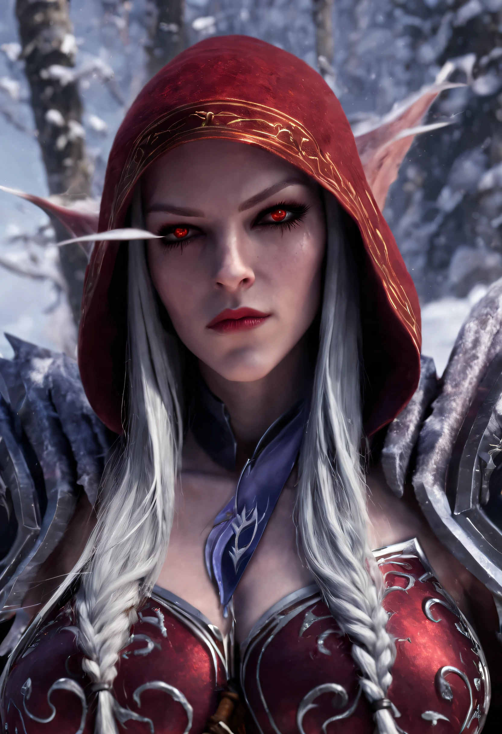 Masterpiece, best quality, {best quality}, {{masterpiece}}, {highreield field}},a close up of a woman with long hair and a red hood, sylvanas windrunner, blizzard cinematic, from warcraft, from world of warcraft,  shadowbringers cinematic, drow, dark elf, perfect drow, warcraft character, world of warcraft elven druid, beautiful dark elf countess, blizzard warcraft, inspired blizzard games