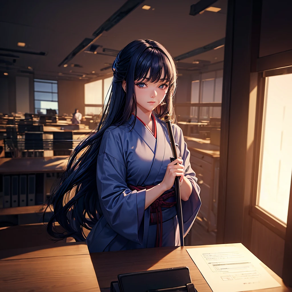 Masterpiece, Excellent, (Office: 1.8), CG drawing with super high detail, standing, woman, traditional Japanese clothing, dark blue hair, holding a katana, long hair