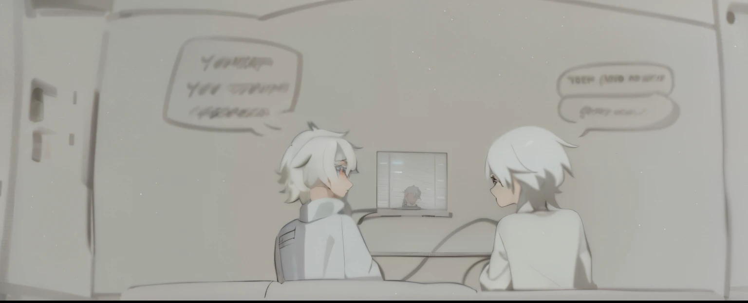 anime two boy playing video games, white hair, black hair, high quality anime artstyle, chatting, front view