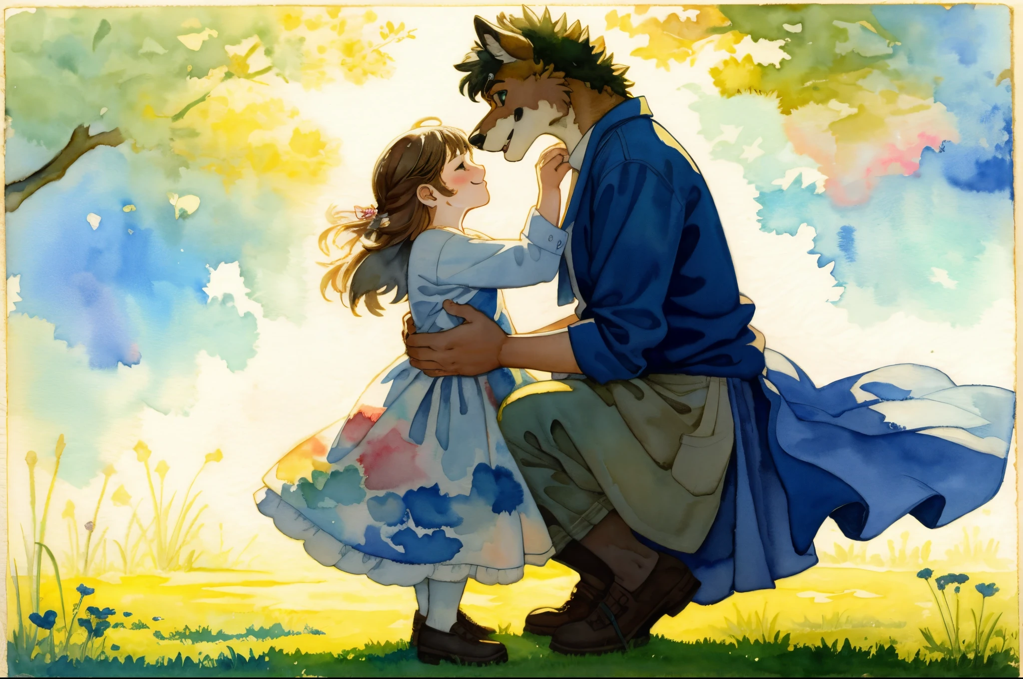 cover page, highres, top quality, best quality, paid reward available, unparalleled masterpiece, perfect artwork, absurdres, High-quality illustrations, watercolor, soft color, Vintage images, highres, unparalleled masterpiece, absurdres, love story of human Child girl and giant Werewolf, love romance, family photograph, pair, Height difference, Physical difference, perfect anatomy, smile, joyful, play with, smile, happy, watercolor,