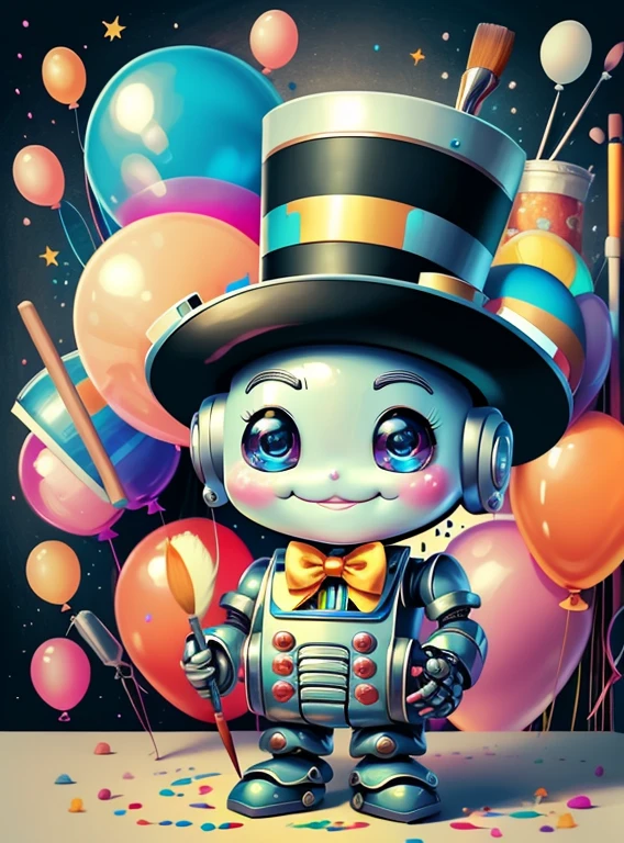(cute baby robot smiling with top hat, paintbrush, ballons) Munchkin,Geometric multidimensional wall portrait, livro de arte, Tchibi,
Yang08k, Beautiful, Colouring,
Obras, of the highest quality, best quality, Arte Oficial, Beautiful and Aesthetic,