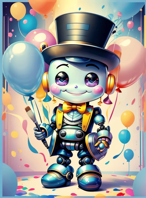 (cute baby robot smiling with top hat, paintbrush, ballons) Munchkin,Geometric multidimensional wall portrait, livro de arte, Tchibi,
Yang08k, Beautiful, Colouring,
Obras, of the highest quality, best quality, Arte Oficial, Beautiful and Aesthetic,