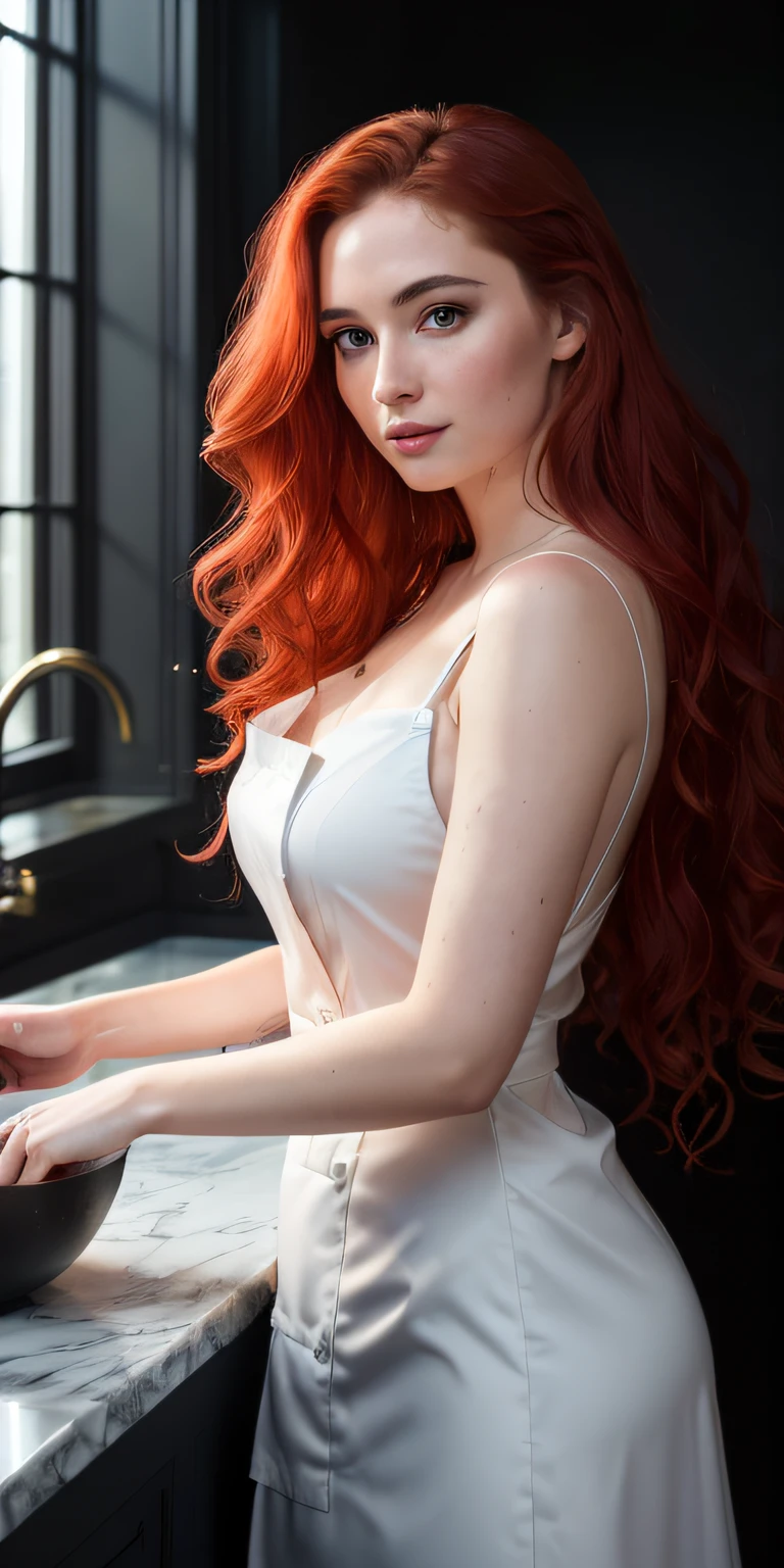 Photo of a 25-year-old European girl, ..RAW, beautiful woman, (extra long wavy red hair), ((portrait)), ((Detailed face: 1.2)), ((visage détaillé peau finement détaillée), pale skinned, Cyberpunk gown with a deep décolleté and beautiful details, Environment of megacities, (couleurs froides), humide, humide, reflection, chef-d&#39;work) (proportion parfaite)(photo realist)(Best quality) (Detailed) photographed on a Canon EOS R5,   Objectif 50mm, f/2.8, Hdr, (8k) (wallpaper) (lighting cinematic) (dramatic lighting) (mise au point nette) (complexe)