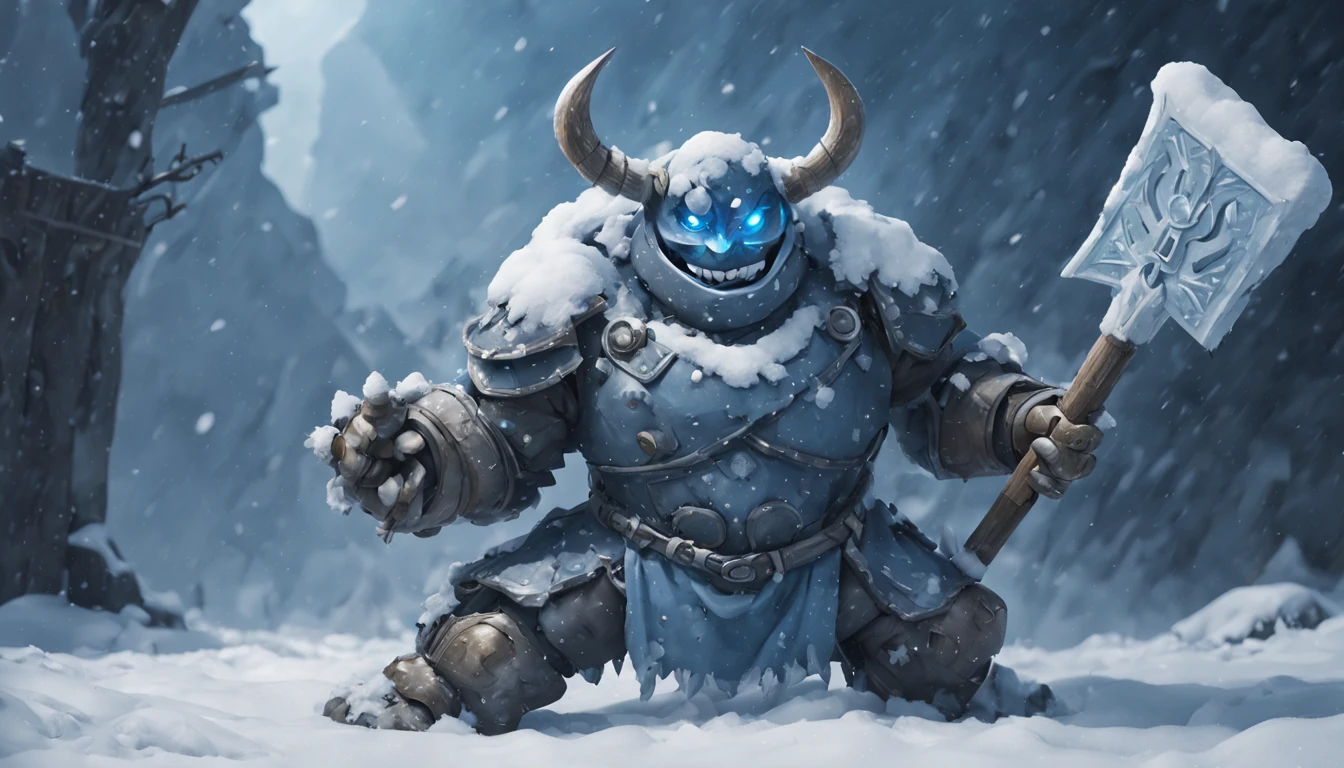 01_(Epic character).(One in the frame). (Huge block of snow). (Big - scary snowman). Horizontal composition, with some offset from the center-wide format. (A large body of snow, an awkward mass of snow, composed of three rounded snow blocks). (Living creature, in a fighting pose, decisive nature, threateningly scary). (Snowman, a fantastic fantasy image, a creature created from snow, created for battles, attacks and intimidation). (In thick snowy paws, he holds an ax, on a long handle, made of , a very powerful weapon, large - at full height). (The body of the monster consists of three blocks - a typical design of a snowman, strength and power live in it, it ready to attack). (The body covered with imitation armor, old car bumpers, headlights, license plates, hung on a snow uniform - symbolize armor, metal armor). (A frightening muzzle, in an animation style, with a cheerful grin, a snowy mouth gaping in a smile, an icicle, crazy eyes glowing with blue light, a black felt hat on the head, decorated with trinkets and amulets). (This an epic character in animated style, animated film). 02_The composition located in a horizontal frame, in the hand a powerful ax. Eliminate symmetry, the main mass of the hero not placed clearly in the center - with a slight offset, Mood, fairy tale, magic, absurdity, fighting stance, and powerful snow form. 03_ Cold range of lighting, evening, snow storm, elements, gusty wind, slanting snow whirlwinds, patterns on the background, dark blue, snowy background. Contrasting, clear lighting, warm magical light, clear cold shadows, contrasting image. , snow, snow decor, intricate patterns, and ornaments on the body. The highest image quality, a masterpiece, computer graphics. Cinematic level of performance, animated film. HD quality, wide format, 8K. , Unreal engine.