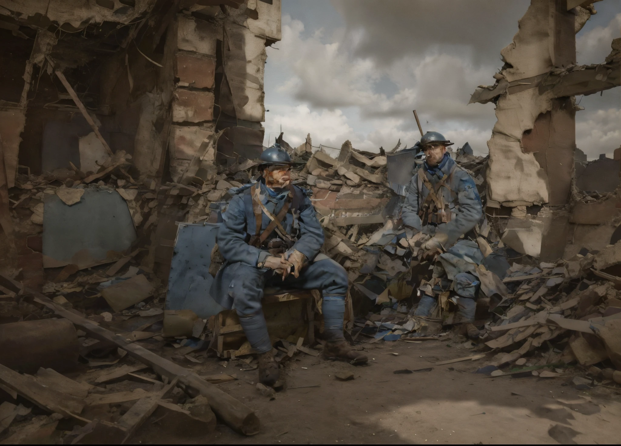 painting of a man sitting in a ruined building with other men, inspired by Luc-Olivier Merson, wounded soldiers, stefan koidl inspired, by Ludwik Konarzewski, after a battle, inspired by Stanhope Forbes, by László Balogh, tuomas korpi and wlop, by Artur Tarnowski