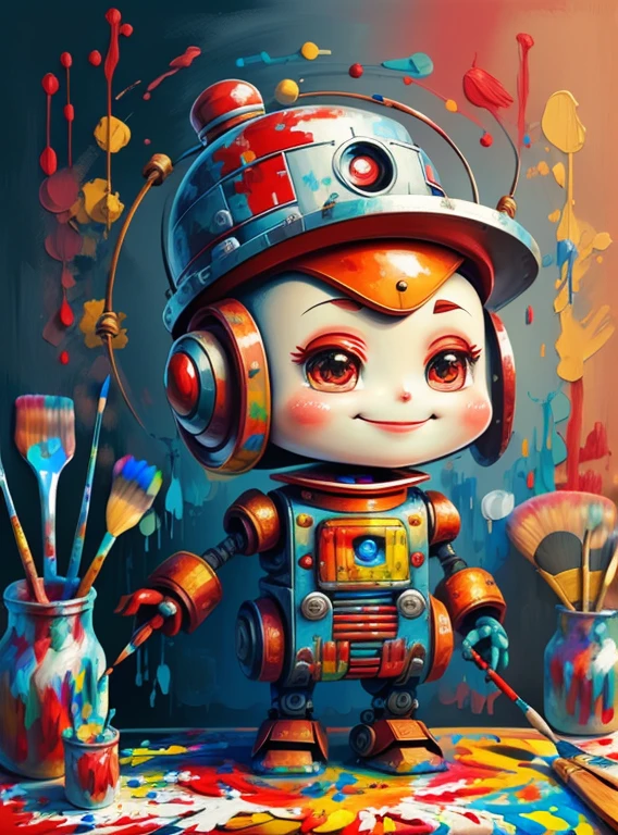 (cute robot smiling with red hat, paintbrush painting) Munchkin,Geometric multidimensional wall portrait, livro de arte, Tchibi,
Yang08k, Beautiful, Colouring,
Obras, of the highest quality, best quality, Arte Oficial, Beautiful and Aesthetic,