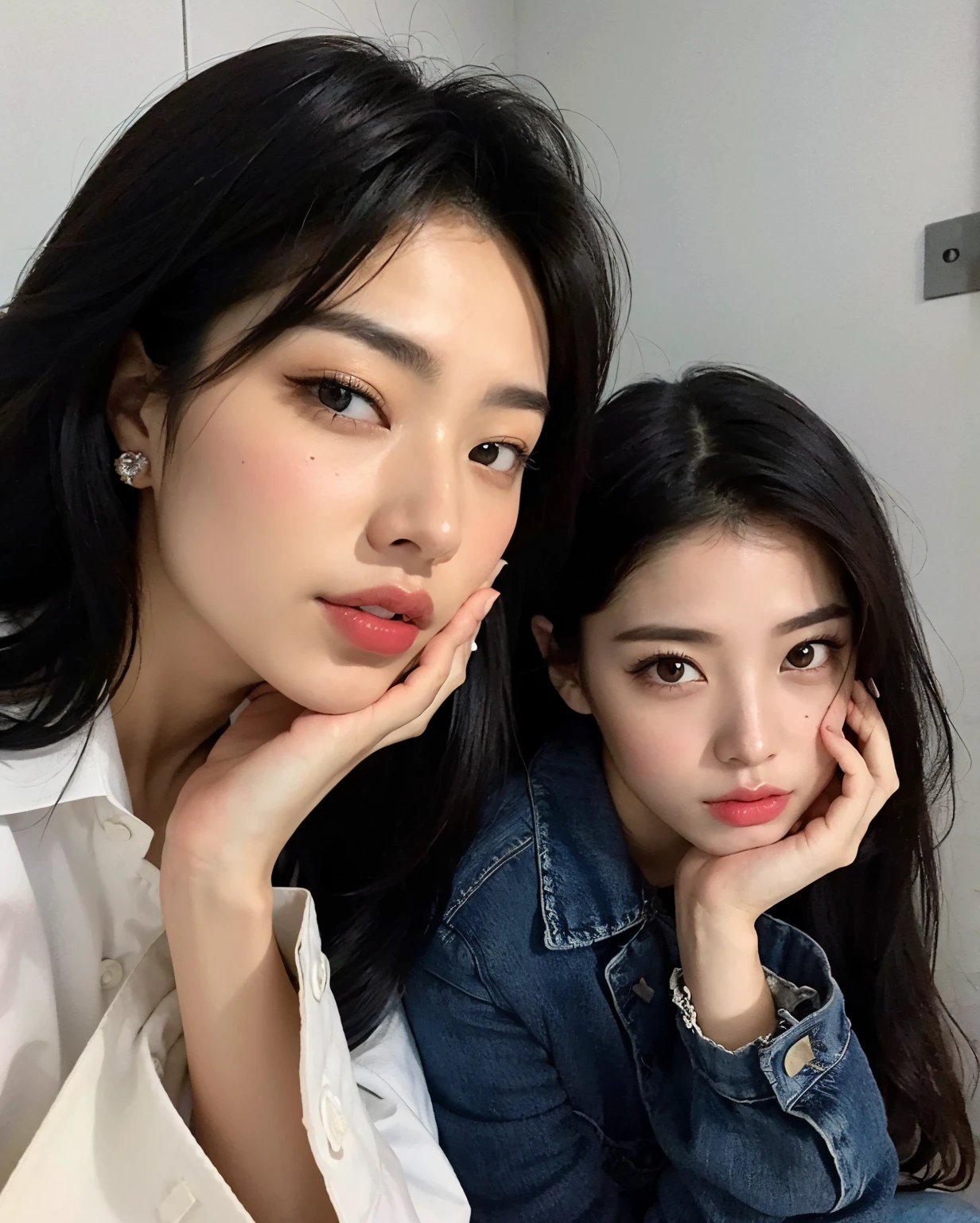 two Asian women sitting next to each other with their hands on their chins, com preto, Ulzzang, maquiagem sul-coreana popular, 🔞🤡, Nixeu e Sakimichan, dilraba dilmurat, dois modelos no quadro, maquiagem coreana popular, #Oc, # Oc, 8k)), foto de perfil, Aesthetics of beautiful faces