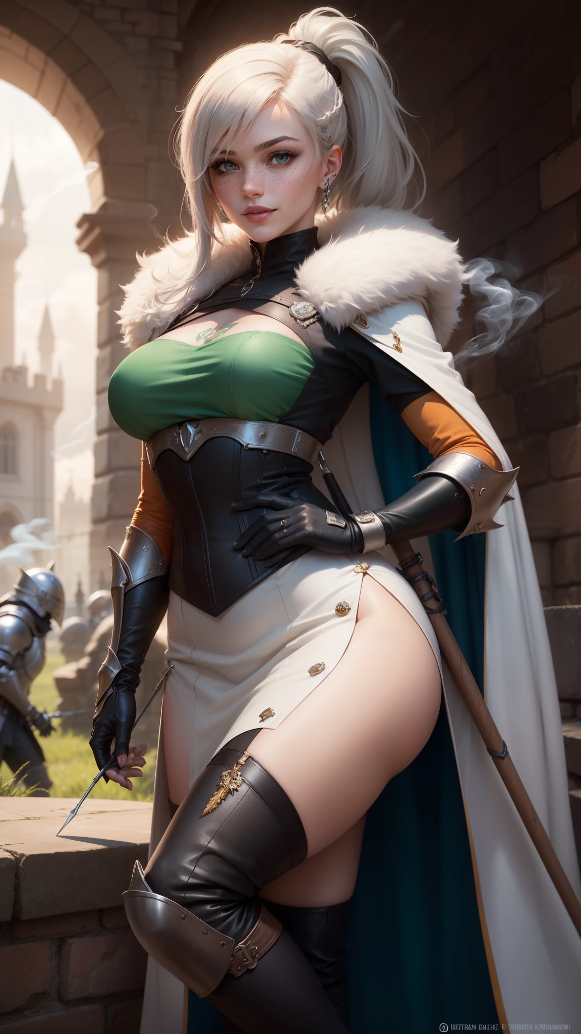 gwen tennyson,yorha 2b,tracer,mordred, rebecca chambers,overwatch,atelier ryza,close up,castle under siege,tattoos, orange and white plugsuit,steel short sleeve knight top,short sleeve knight jacket,tight lycra skirt,knight corset,long ponytail hair,queen makeup,green eyes,multicolored silver hair,sexy smile,freckles,beautiful girl,fur thigh high boots,large breasts,8k,ultra detailed,realistic,fantasy art,knight uniform,knight queen uniform,hair pin,ear piercings,battlefield,queen hand and neck jewelry,(weather:smoke rising),1girl,long knight cloak,holding a bow and arrow,arrow quiver,