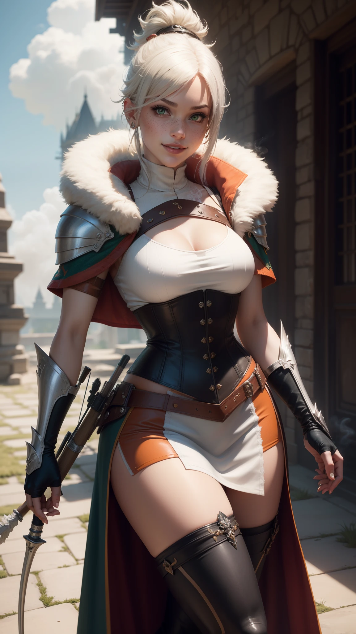 gwen tennyson,yorha 2b,tracer,mordred, rebecca chambers,overwatch,atelier ryza,close up,castle under siege,tattoos, orange and white plugsuit,steel short sleeve knight top,short sleeve knight jacket,tight lycra skirt,knight corset,long ponytail hair,queen makeup,green eyes,multicolored silver hair,sexy smile,freckles,beautiful girl,fur thigh high boots,large breasts,8k,ultra detailed,realistic,fantasy art,knight uniform,knight queen uniform,hair pin,ear piercings,battlefield,queen hand and neck jewelry,(weather:smoke rising),1girl,long knight cloak,holding a bow and arrow,arrow quiver,