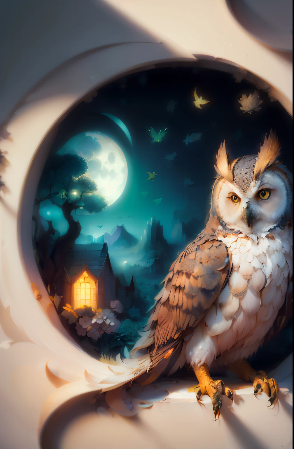 (((Masterpiece))),beste-Qualit,illustartion,beautifuldetailedglow,
_cut, owl, a tree,luna,