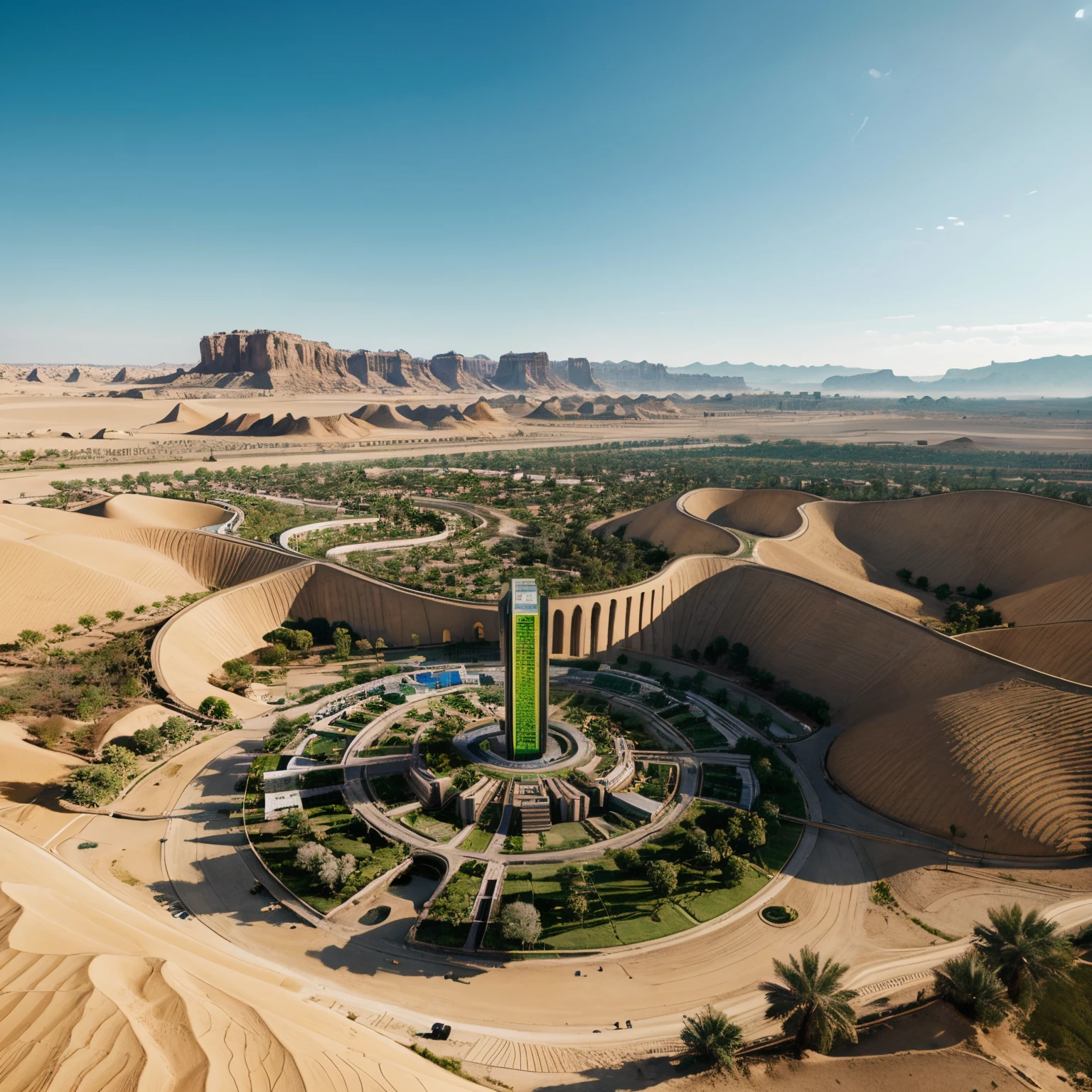 Creat a image for a green mega city from a long shot view that is a smart city in middle of desert