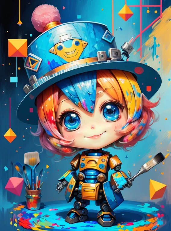 (cute robot smiling with blue hat, paintbrush painting) Munchkinl, Geometric multidimensional wall portrait, livro de arte, Tchibi,
Yang08k, Beautiful, Colouring,
Obras, of the highest quality, best quality, Arte Oficial, Beautiful and Aesthetic,