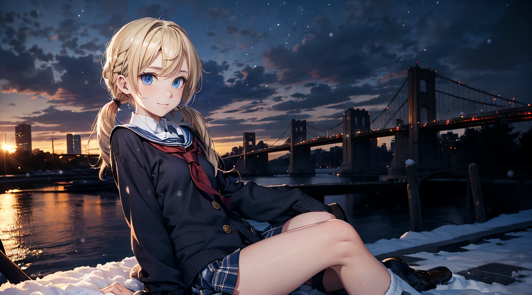masutepiece,8K,octans, Skysky, stele(Skysky), landscapes, starrysky, natta, looks at the camera, (Legs without stockings:1.iercing gaze, nigh sky, report, plein air, built, clouds, milkyway, 城市, silhuette, Cityscape,(Short, Low twin-tailed blonde hair:1.2), (Deep Blue Eyes:1.iercing gaze, small smile, (winter school uniform:1.1)