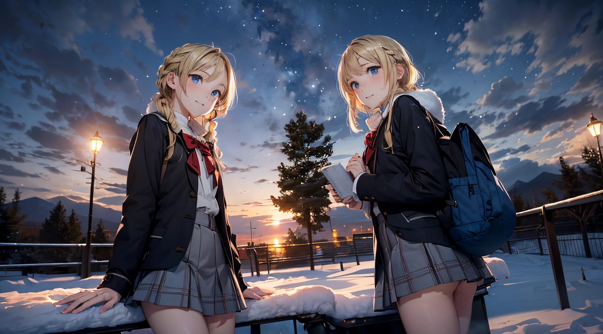 masutepiece,8K,octans, Skysky, stele(Skysky), landscapes, starrysky, natta, looks at the camera, (Legs without stockings:1.iercing gaze, nigh sky, report, plein air, built, ​​clouds, milkyway, 城市, silhuette, Cityscape,(Short, Low twin-tailed blonde hair:1.2), (Deep Blue Eyes:1.iercing gaze, small smile, (winter school uniform:1.1)