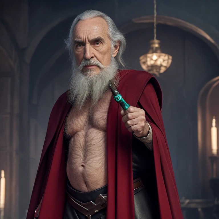 Count Dooku, Star Wars, An elder with a long beard and white hair, with a serene face wrinkles, looking producing, body older weak, skinny bones hairy, body naked, his shirt was open to reveal his stomach wrinkles older hairy weak and chest, arms legs neck hands feet skinny old and weak, black boots, red cape, shy and blushed, wish to fuck him as bottom gay, Lying on spaceship, stars lily,master-piece,4K images,beste-Qualit