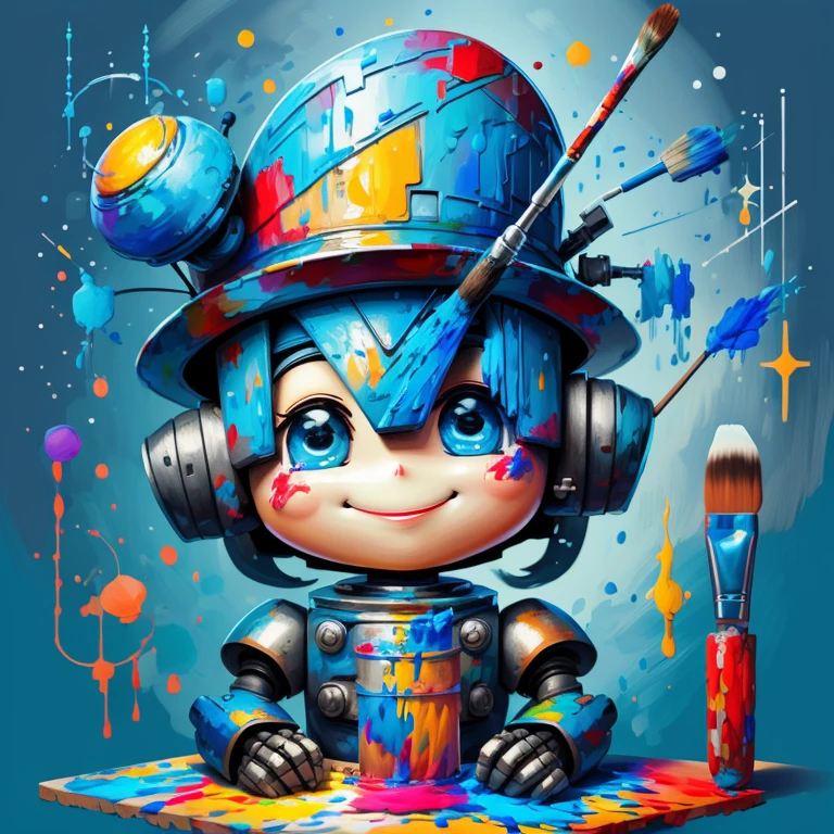 (cute robot smiling with blue hat, paintbrush painting) Munchkin, Geometric multidimensional wall portrait, livro de arte, Tchibi,
Yang08k, Beautiful, Colouring,
Obras, of the highest quality, best quality, Arte Oficial, Beautiful and Aesthetic,