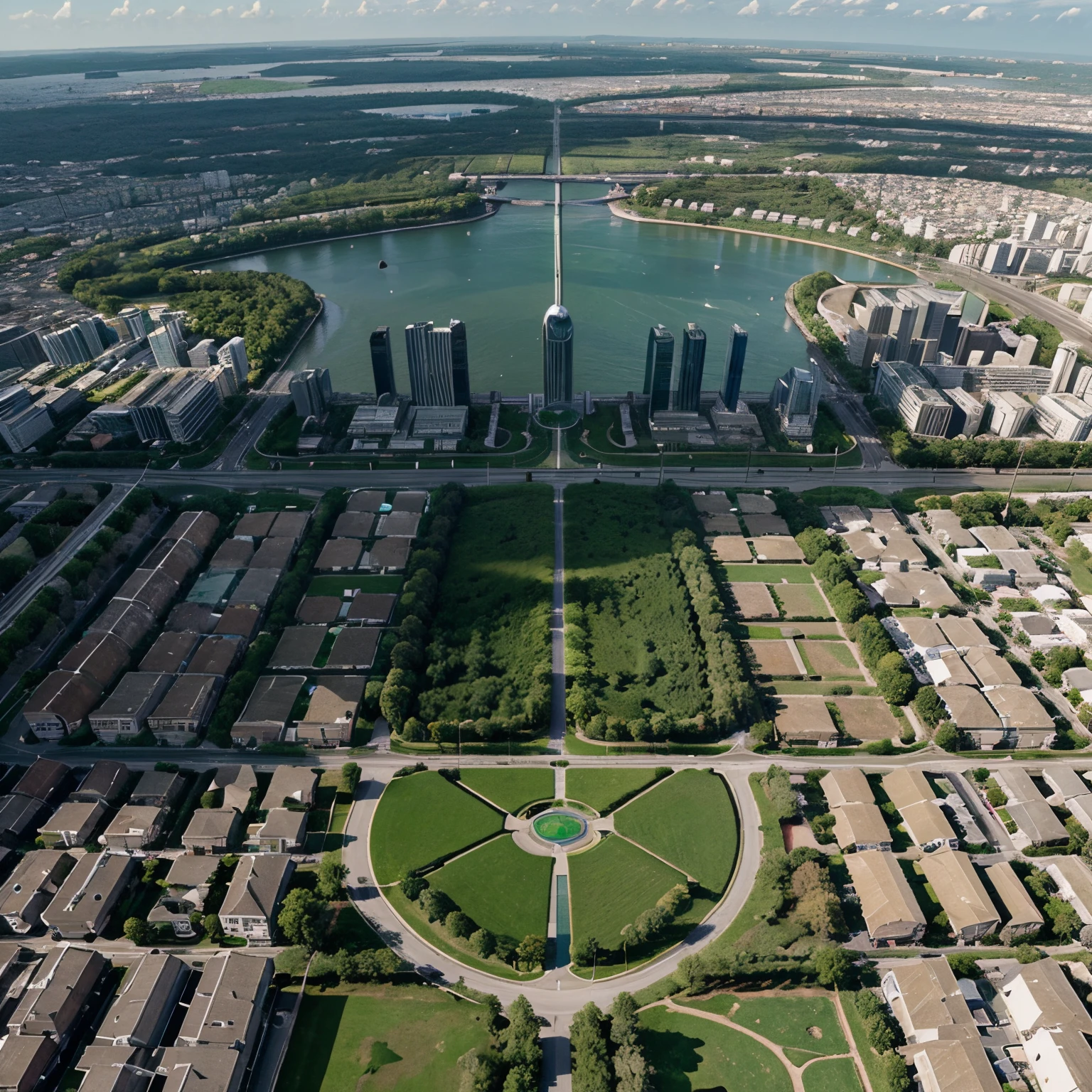 Creat a image for a green compact city from a medium shot view that is a smart city