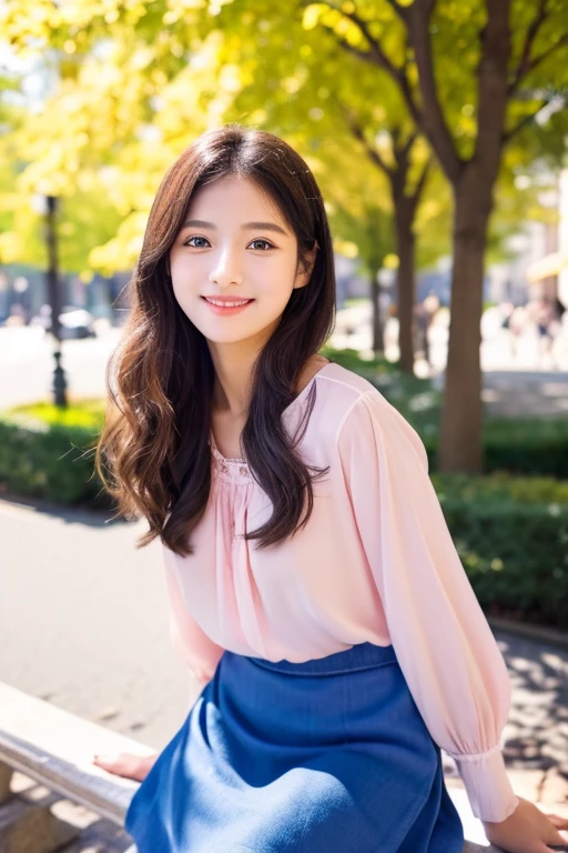 Beautiful woman with good eyes and nose、Beautiful as a model、Cute like a model、Eyes are double、How to use regular mascara、Eye color blue、Hair color pink、Her face is delicate and elegant.、8k picture、Beautiful style like a model、Ordinary large、A refreshing and lovely smile、Yellow blouse、plain orange mini skirt、A park-like place in the downtown area on school holidays、Sunny bright day、Pose like a model、Overall portrait、Snapshots、Gramaloid Smile、Beautiful and delicate face like a model、Best Quality、masuter piece、