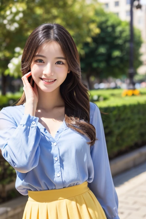 Beautiful woman with good eyes and nose、Beautiful as a model、Cute like a model、Eyes are double、How to use regular mascara、Eye color blue、Hair color pink、Her face is delicate and elegant.、8k picture、Beautiful style like a model、Ordinary large、A refreshing and lovely smile、Yellow blouse、plain orange mini skirt、A park-like place in the downtown area on school holidays、Sunny bright day、Pose like a model、Overall portrait、Snapshots、Gramaloid Smile、Beautiful and delicate face like a model、Best Quality、masuter piece、