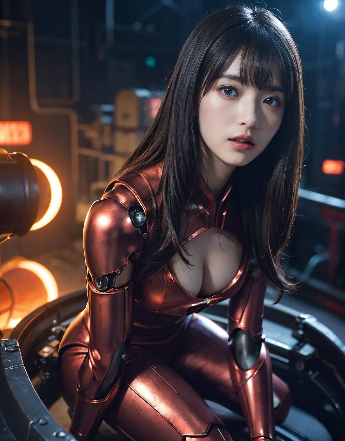 (1 Mechanical Girl)、（Mystical expression）、top-quality、​masterpiece、超A high resolution、(Photorealsitic:1.4)、Raw photo、女の子1人、glowy skin、(((1 Mechanical Girl)))、（Red Metal Bodysuit）、(alien background、Fierce battle with Osite、Fierce battle with alien night monster cliff background)、(Small LED)、((super realistic details))、vertical giant monster background),globalillumination、Shadow、octan render、8K、ultrasharp、Colossal tits、Raw skin exposed in the cleavage、red metal、Details of complex ornaments、Japan details、highly intricate detail、Realistic light、(Mystical expression),CG Society Trenlow Eyes、Eyes shining towards the camera、Mechanical marginal blood vessels connected to neon detail tubes)、(Wires and cables connecting to the head)、Small LED、,Mechanical thighs、Toostock、（Hands are also made of machines.traces on the cliff）、机器人、future alien、