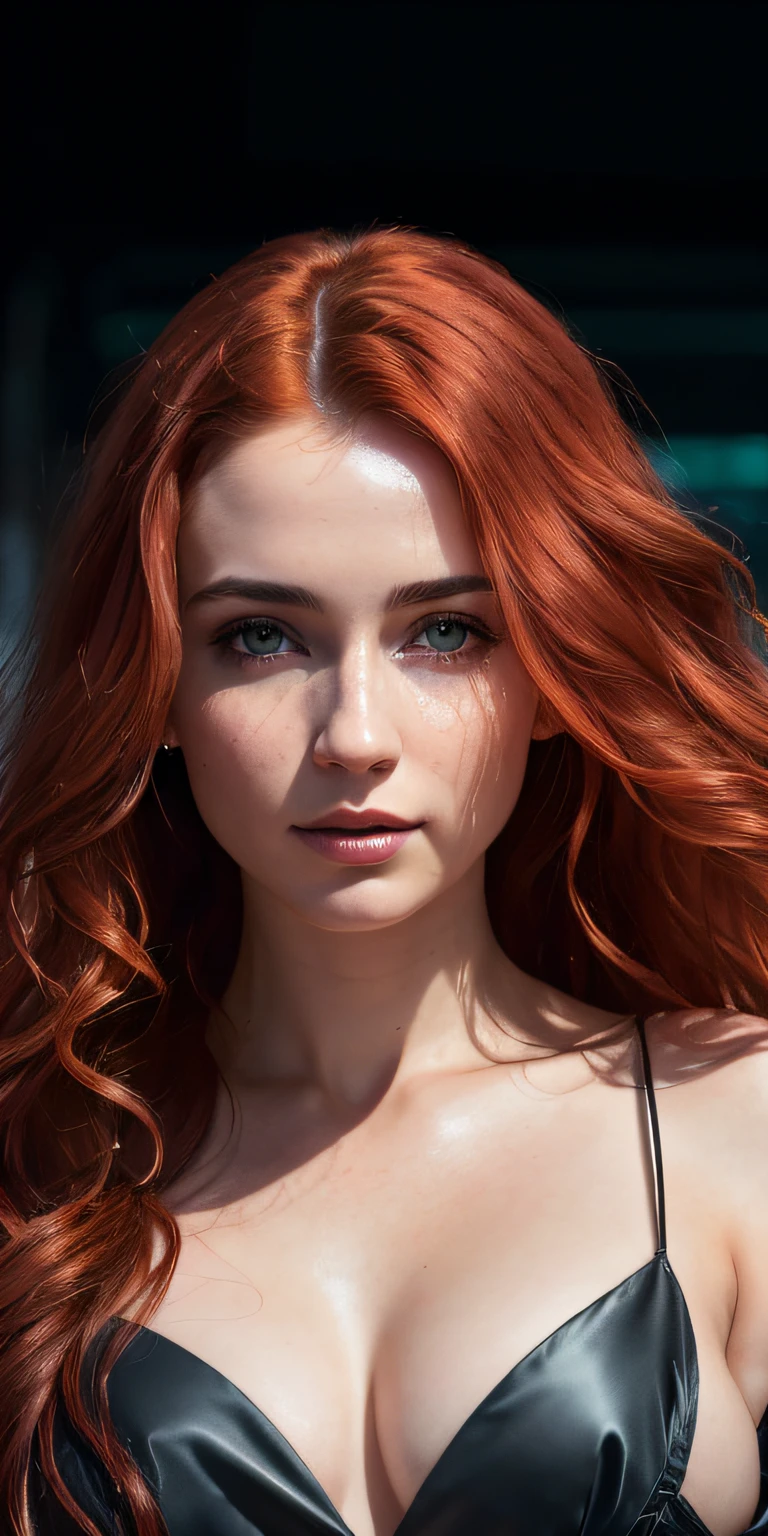 Photo of a 25-year-old European girl, ..RAW, beautiful woman, (extra long wavy red hair), ((portrait)), ((Detailed face: 1.2)), ((visage détaillé peau finement détaillée), pale skinned, Cyberpunk gown with a deep décolleté and beautiful details, Environment of megacities, (couleurs froides), humide, humide, reflection, chef-d&#39;work) (proportion parfaite)(photo realist)(Best quality) (Detailed) photographed on a Canon EOS R5,   Objectif 50mm, f/2.8, Hdr, (8k) (wallpaper) (lighting cinematic) (dramatic lighting) (mise au point nette) (complexe)