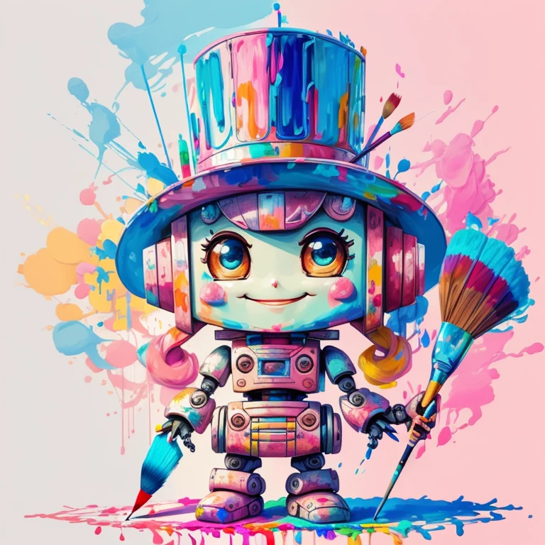 (cute robot smiling with pink hat, paintbrush painting) Munchkin, Geometric multidimensional wall portrait, livro de arte, Tchibi,
Yang08k, Beautiful, Colouring,
Obras, of the highest quality, best quality, Arte Oficial, Beautiful and Aesthetic,