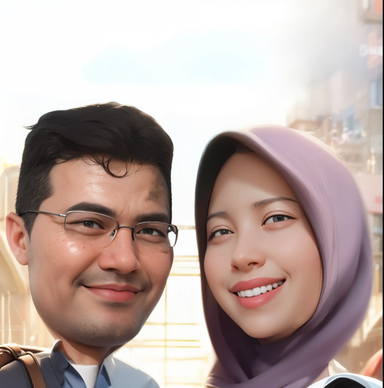 there are two people that are posing for a picture together, happy couple, background blur, couple, full protrait, with godray, protrait, scandy and arender, in background, wpol and sarasti, couple pose, realism artstyle, in city street, potrait, lovely couple, with towers, photo 3 d, photo 3d