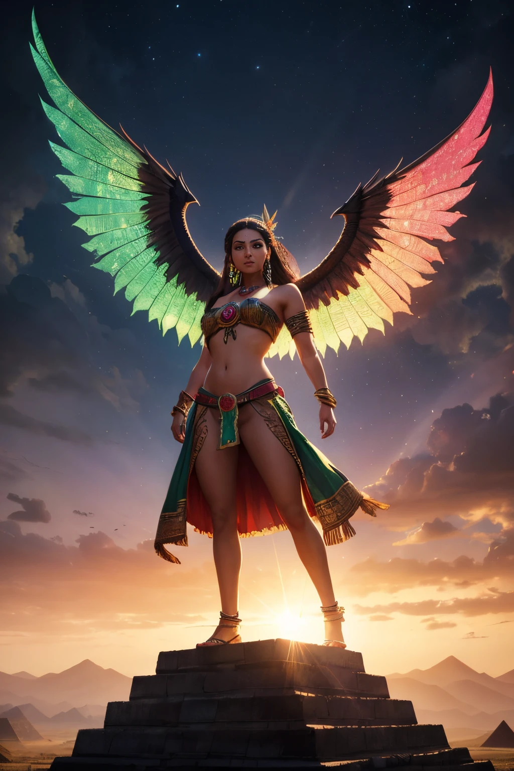 KUKULKAN flying kite Quetzalcoatl, woman standing in full height, beautiful face, short loincloth, gold jewelry, earrings, bracelets, diamonds, emeralds, rubies, background of an abandoned Mayan pyramid temple, sunbeam from above, high detail, large bright eyes , gorgeous highly detailed face, unrealistically beautiful, HD quality, 3D photorealism dynamic pose, ethereal, mystical, highly detailed 8K rendering, super detailed, analogue style, soft lighting, subsurface dispersion, realistic, deep shadow, masterpiece, best quality, ultra-realistic, 8k