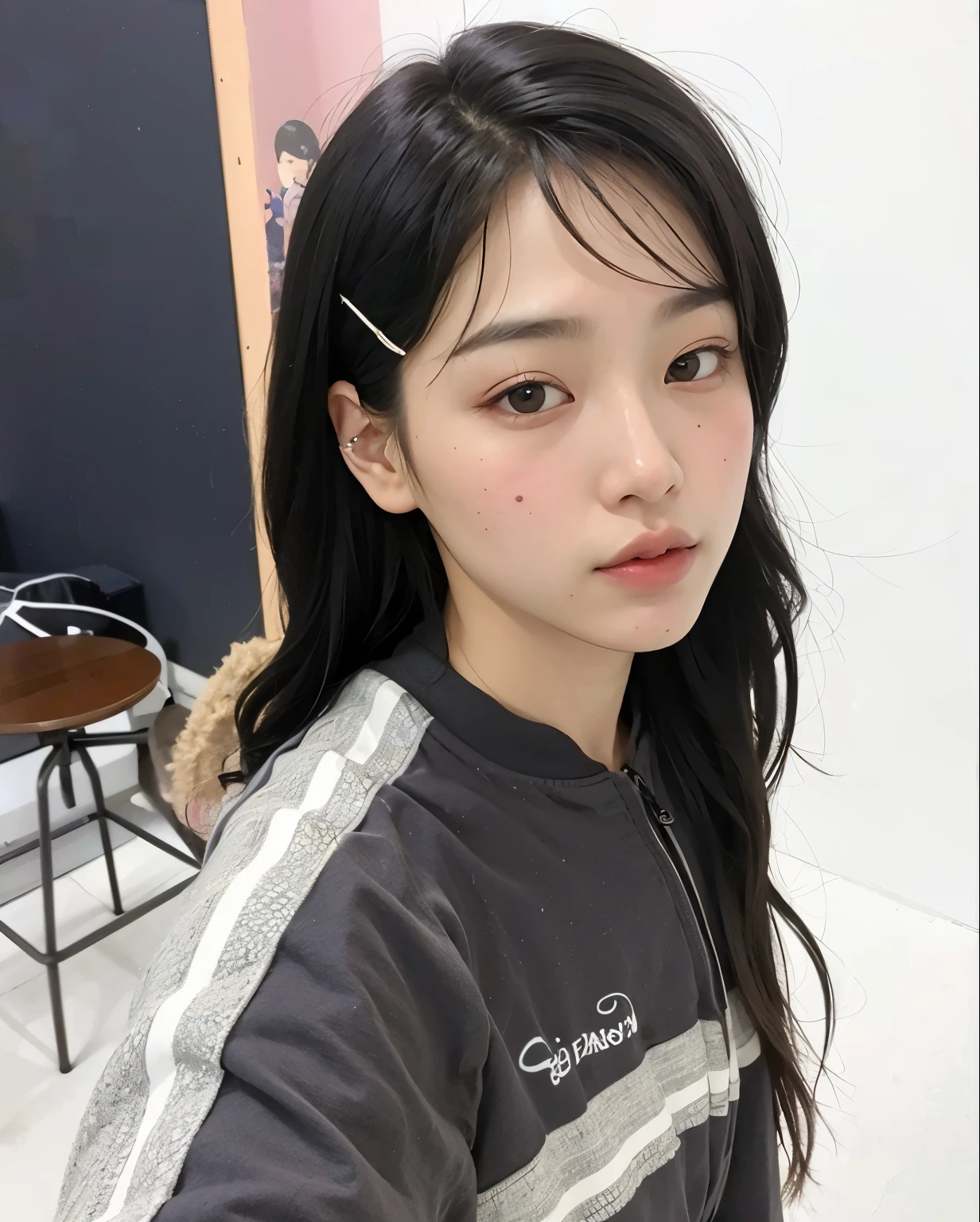 Hay una joven con una pinza en el pelo., ulzzang, Jinyoung Shin, Wan adorable cara coreana, Jaeyeon Nam, Sakimichan, Chica coreana, Joven y adorable rostro coreano, Ella tiene el pelo negro con flequillo, Kim Doyoung, Cabello limpio con flequillo, Xintong Chen, young cute wan asian face, 8k selfie photograph, frente ancha
