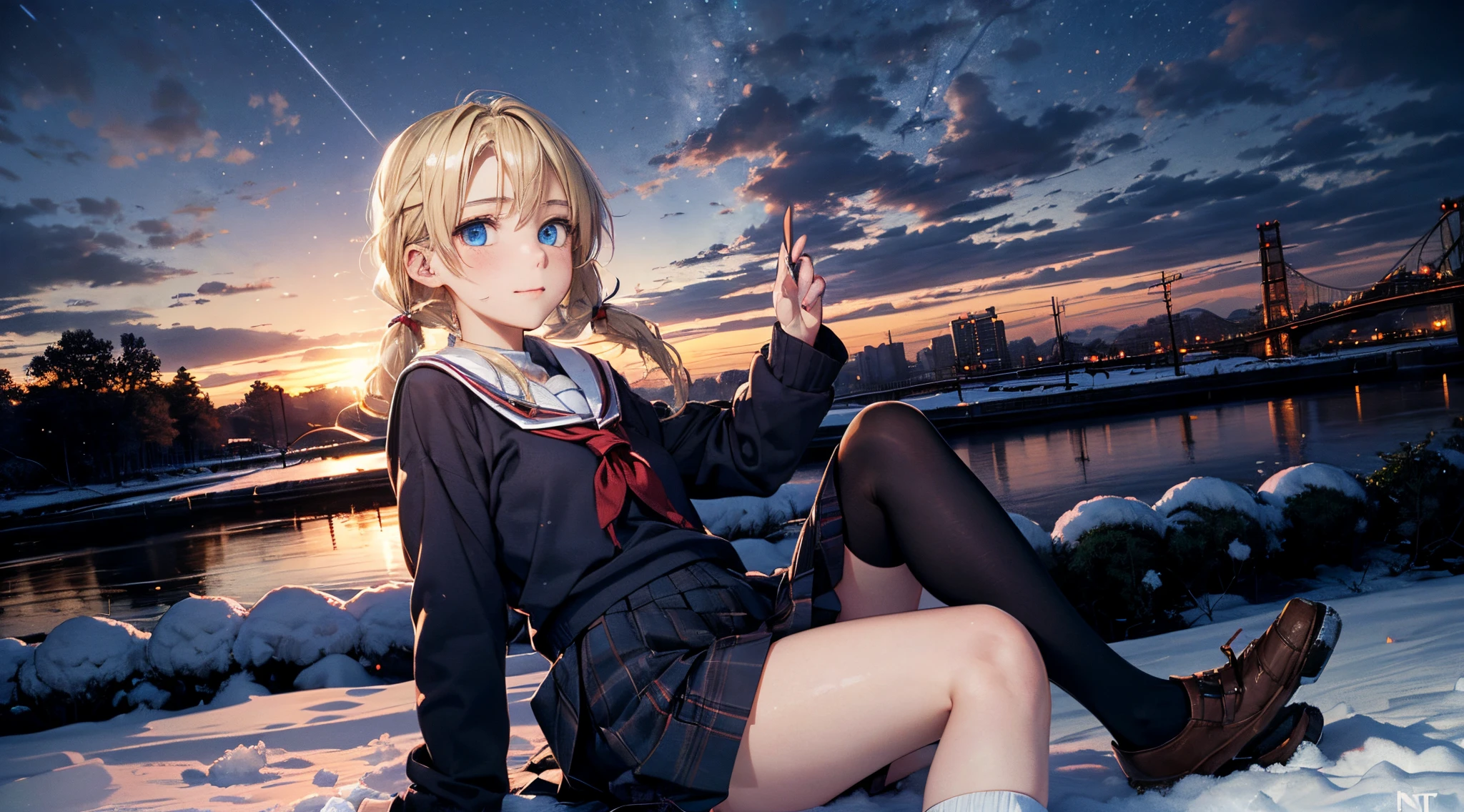 masutepiece,8K,octans, Skysky, stele(Skysky), landscapes, starrysky, natta, looks at the camera, (Legs without stockings:1.iercing gaze, nigh sky, report, plein air, built, clouds, milkyway, 城市, silhuette, Cityscape,(Short, Low twin-tailed blonde hair:1.2), (Deep Blue Eyes:1.iercing gaze, small smile, (winter school uniform:1.1)