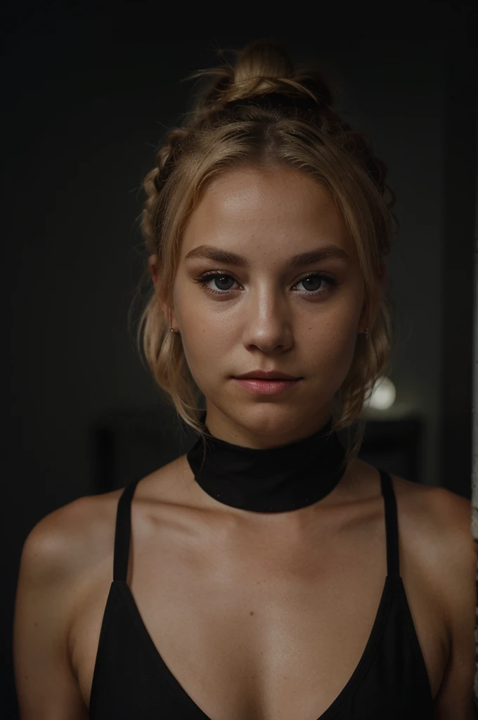 an eye contact of a blond with bun hair and dark theme