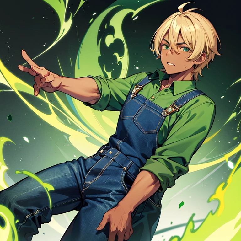 Black skinned guy with blonde hair, Luigi’s green overalls and blue shirt and jeans, and green flames surrounding him.