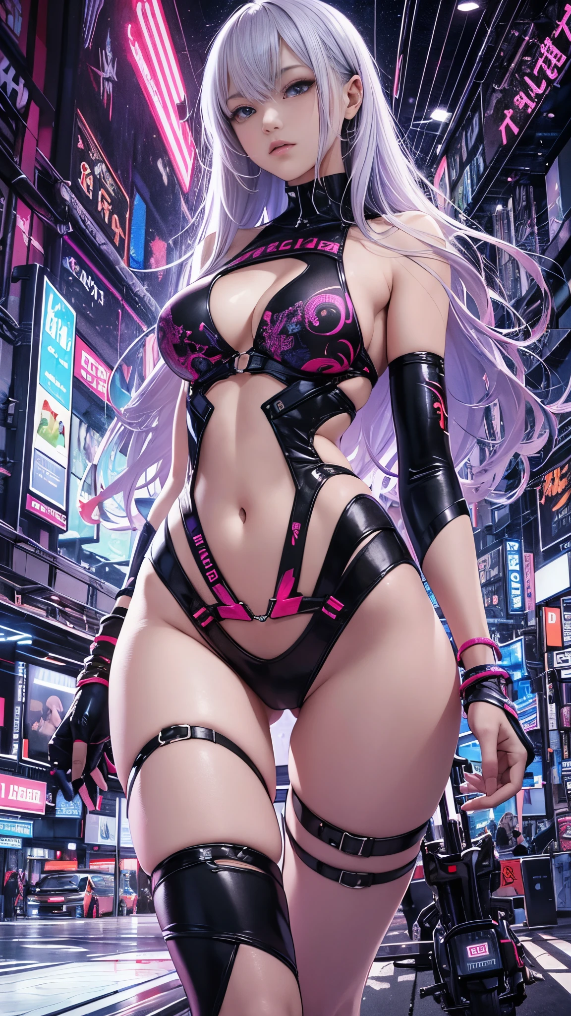 masterpiece, best quality, realistic, girls, slender, blue eyes, hair color, iridescent, long hair spreading, white skin, blood vessels on arms and chest, medium breasts, cute, sexy, futuristic, cyberpunk, bikini, skin exposed, night, psychedelic, trip, super colored, paisley theme, open legs, full body