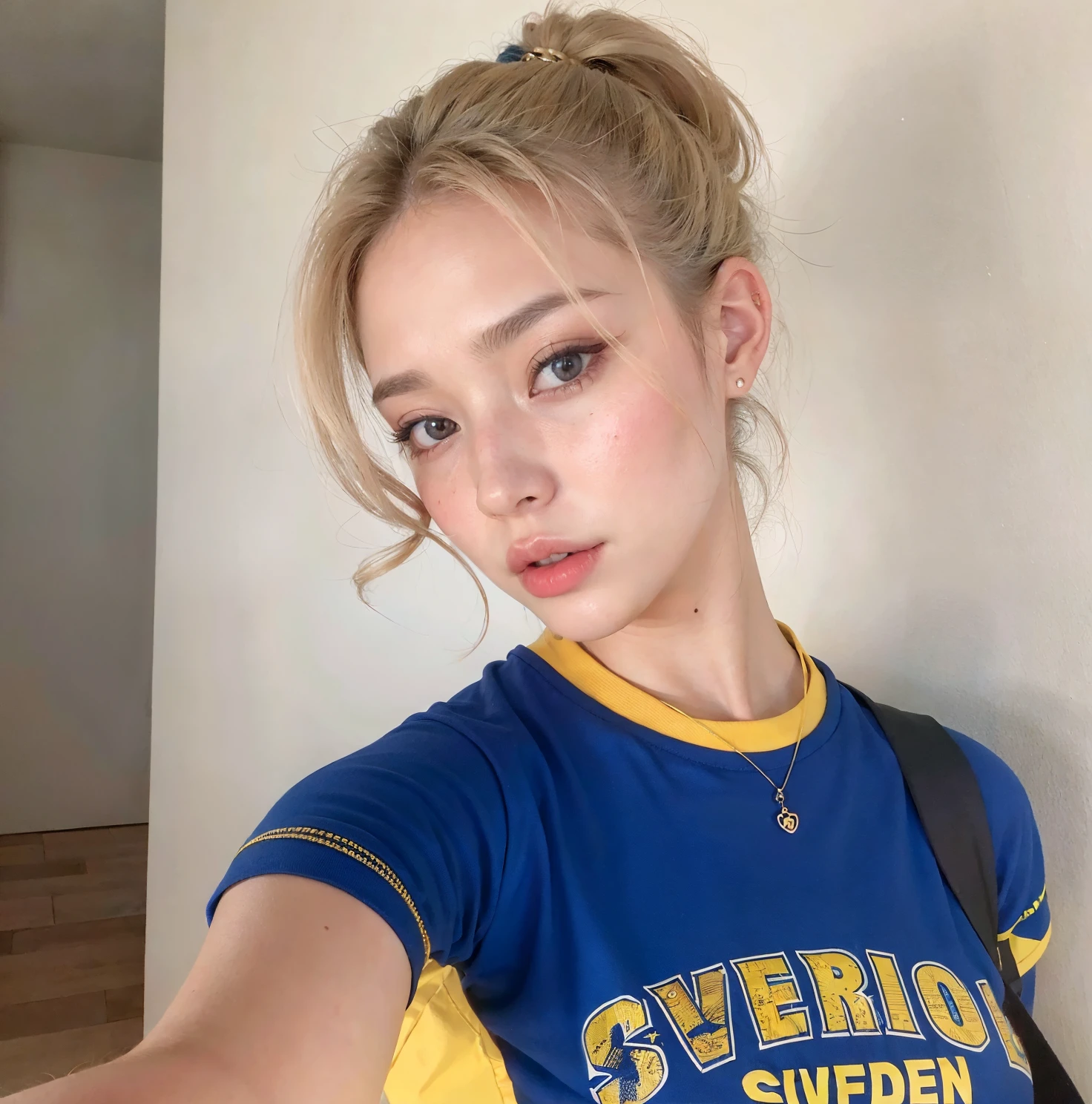 Mujer rubia con camisa azul y bolso negro tomando selfie, Yelena Belova, Mujer sueca rubia, Beautiful Nordic woman, angelina stroganova, Dasha Taran, Anna Nikolanova aka Newmilky, Viktoria Gavrilenko, Irina Nordsol Kuzmina, Estilo de Julia Razumova, Retrato Sophie Mudd, 18 years old, Imagen filtrada