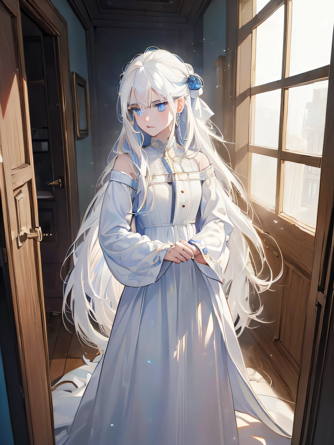 (HighDynamicRange:1.3),hyper HD,8K,Best quality at best,(tmasterpiece:1.3),The very detailed,Ultra-fine painting,Sharp,bleak, in-house, Riman, dimly lit, fumo, lots of people, closeup cleavage,(Alone:1.2),1人,Outside the door, astonishment, Permanent, shocked,(one-girl:1.8),(age 22:1.6),(Long white hair:1.8),(eBlue eyes:1.7),(a long white dress:1.7)