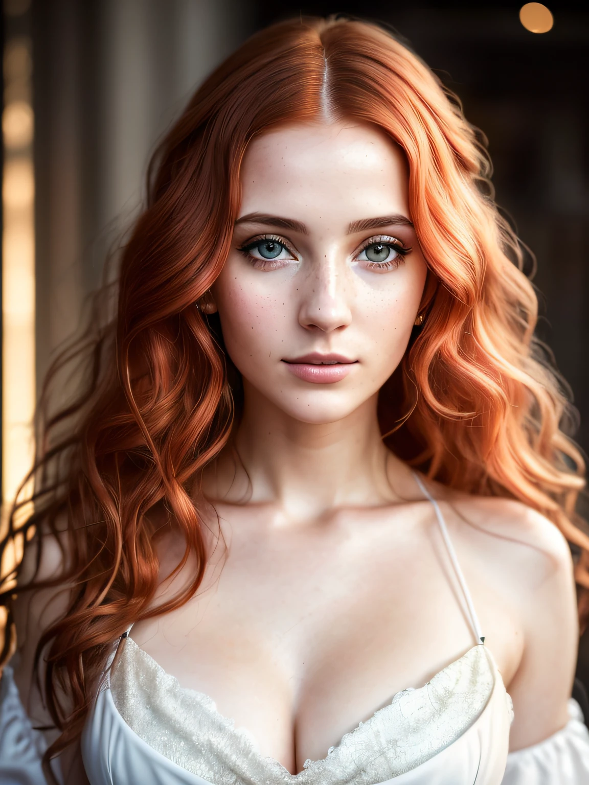 Photo of a 25-year-old European girl, ...RAW, beautiful woman, (extra long wavy red hair), ((portrait)), ((Detailed face: 1.2)), ((visage détaillé peau finement détaillée), pale skinned, Cyberpunk gown with a deep décolleté and beautiful details, Environment of megacities, (couleurs froides), humide, humide, reflection, chef-d&#39;work) (proportion parfaite)(photo realist)(Best quality) (Detailed) photographed on a Canon EOS R5, Objectif 50mm, f/2.8, Hdr, (8k) (wallpaper) (lighting cinematic) (dramatic lighting) (mise au point nette) (complexe)