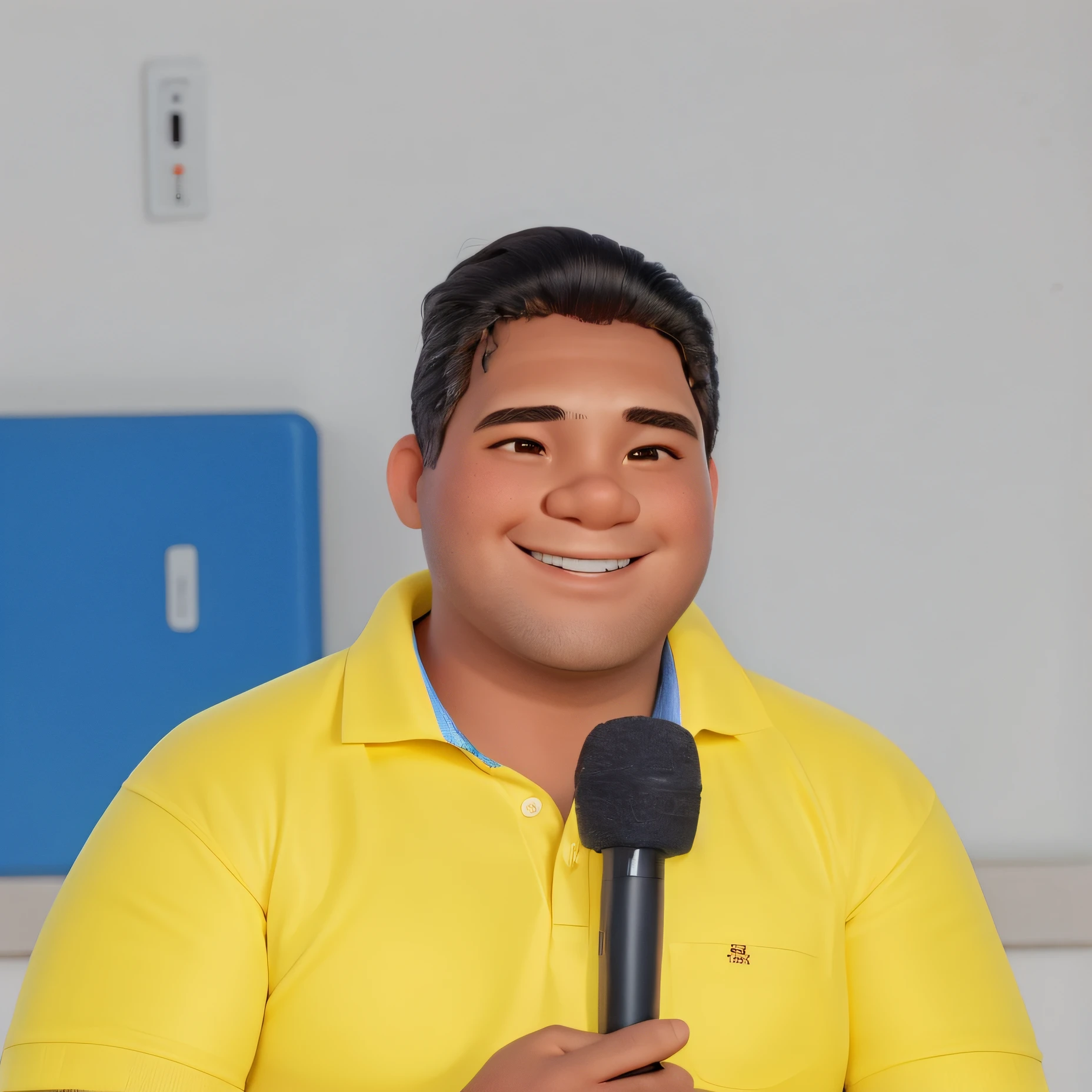 Homem gordo de pele clara, vestindo uma camisa polo amarela, segurando um microfone, sorridente, Asian eyes , cabelo liso e penteado, idade 40, rosto quadrado