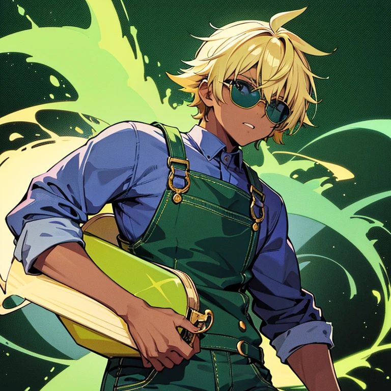 Black skinned guy with blonde hair and rounded purple sunglasses, Luig green overalls and blue shirt and jeans, and green flames surrounding him.