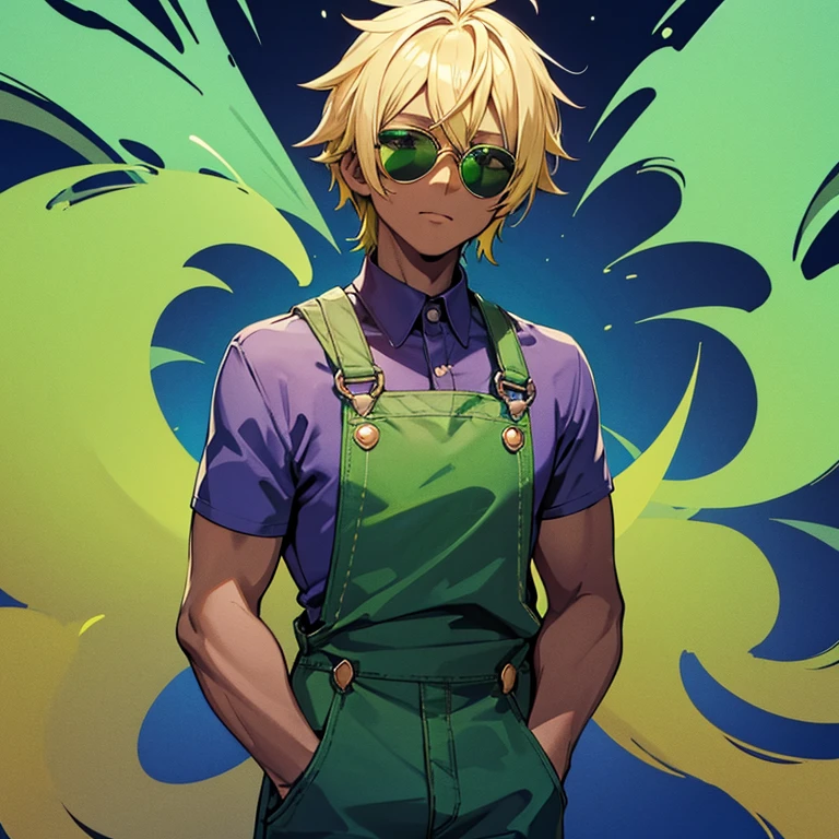 Black skinned guy with blonde hair and rounded purple sunglasses, Luig green overalls and blue shirt and jeans, and green flames surrounding him.