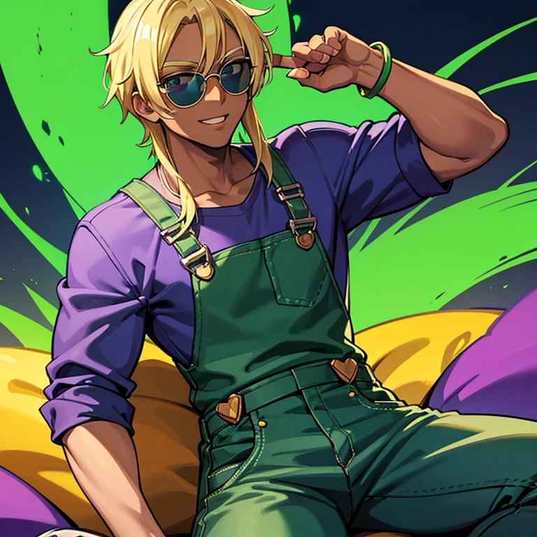 Black skinned guy with blonde hair and rounded purple sunglasses, Luigi green overalls and blue shirt and jeans, and green flames surrounding him.