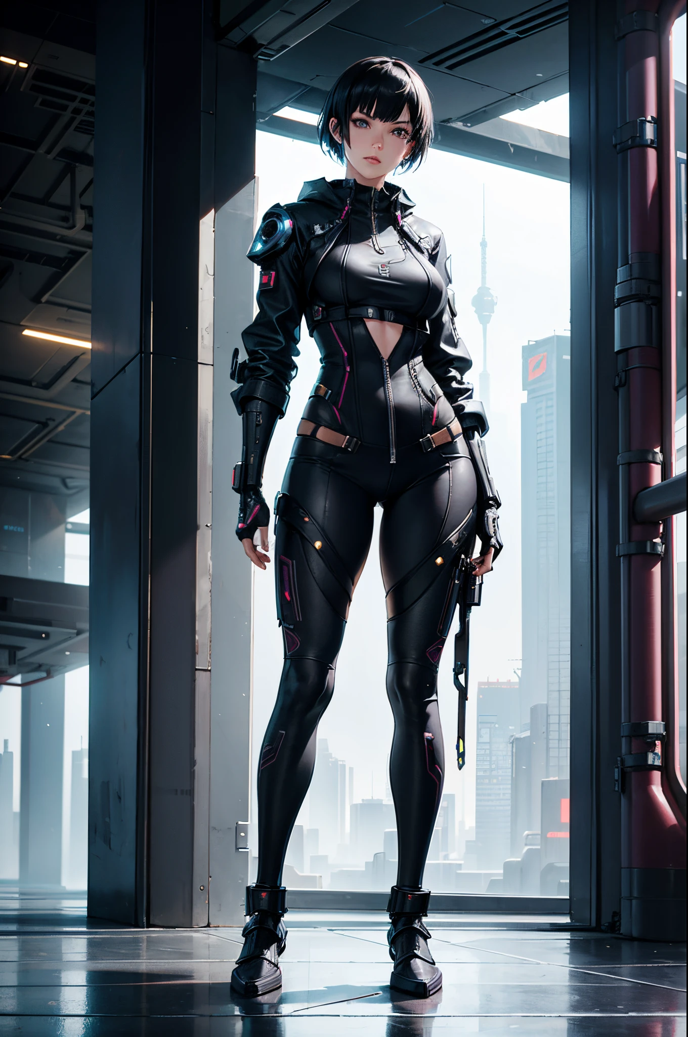 "Full body representation (from feet to head), frontal, 1girl, beautiful cyberpunk princess dressed in armor and short hair. The image must be hyper-realistic, with an extremely detailed face. Texture resolution must be 16k."