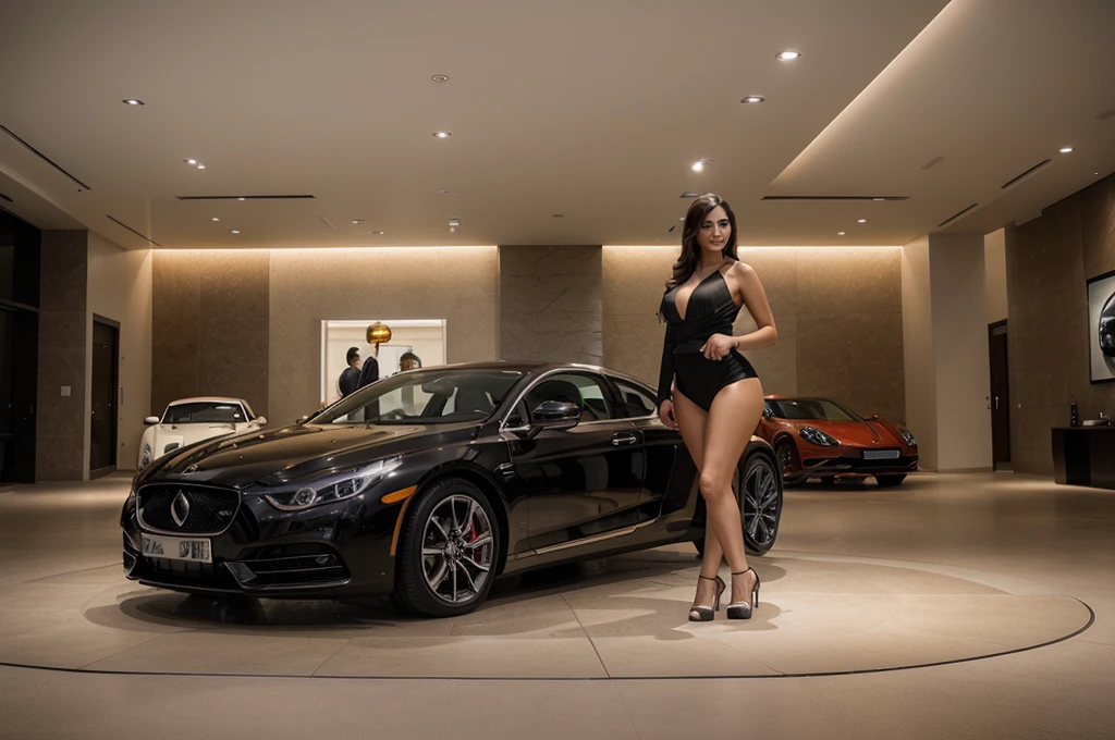 A very attractive and slightly smiling woman, over bust, CCC, Amazing figure. Presenting or holding a car key, symbolizing the promotion of luxury car sales in a showroom. The scene is set in a panoramic wide frame, featuring a realistic photomontage style. The woman is strikingly beautiful, elegantly dressed, and subtly smiling, enhancing the allure and elegance of the luxury car showroom. The background showcases an array of high-end luxury cars, displayed in a spacious, well-lit showroom environment, emphasizing the theme of luxury and exclusivity.