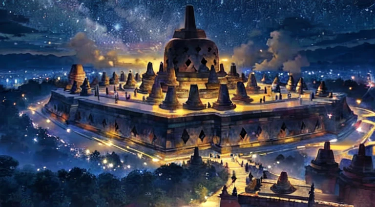 Masterpiece, best quality. Borobudur Temple. Indonesian. Vast sky. Starry night. Moonlight.