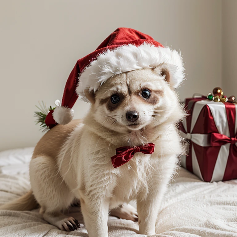 Albino raccoon dog with Christmas hat