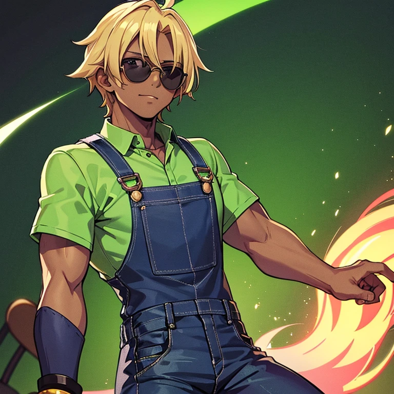 Black skinned guy with blonde hair and rounded purple sunglasses, Luigi green shirt and blue overalls and jeans, and green flames surrounding him.