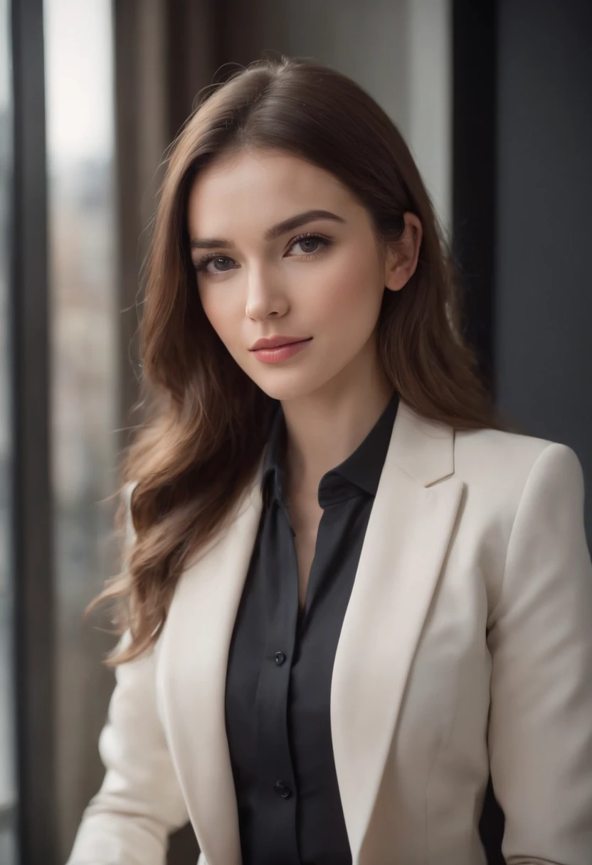 Woman in suit, Successful Businesswoman, Young, Beautiful, Long hair,25 years old, Fashionab, inside, Dynamic pose, skirt