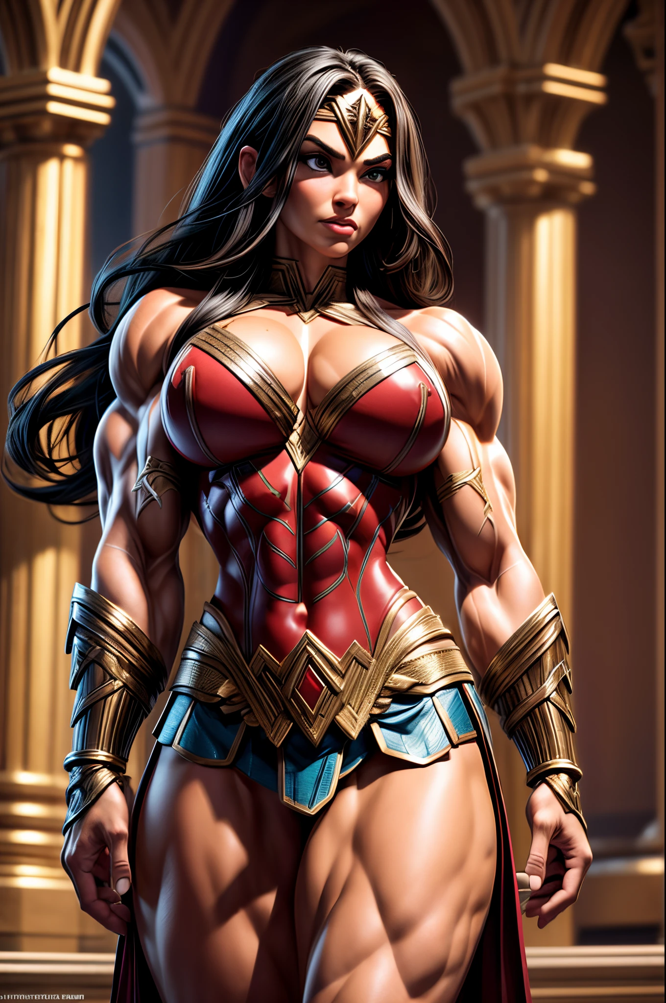 Barbarian version of wonder woman, savage, beauty, detailed muscle, extremely fit, bulky build, large breast, full body, amazing body, detailed face, detailed lips, detailed eyes, action scene, clear focus, Photorealistic, high detail, Realistic, Masterpiece, absurdress, Best Quality, HDR, hiquality, hight resolution, Extremely detailed, 8k wallpaper, intricate details, 8K UHD, Full-HD, (foto realista:1.2), Contrast, sharp lighting, Cinematic lighting, natural lighting, massive breasts, Overflowing breasts, ((((huge muscles)))), massive bulging muscles, huge biceps, rock hard abs, hard nipples, detailed muscular legs, detailed muscular arms, massive hulking body, gigantic body