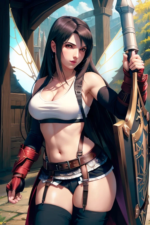 (masterpiece, best quality, high quality, highres), 1girl, extremely beautiful detailed face tifa, tifa lockhart, final fantasy, warrior outfit, (holding a shield in hand++), female knight, medieval, high fantasy, (fairy wings++), glowing shield