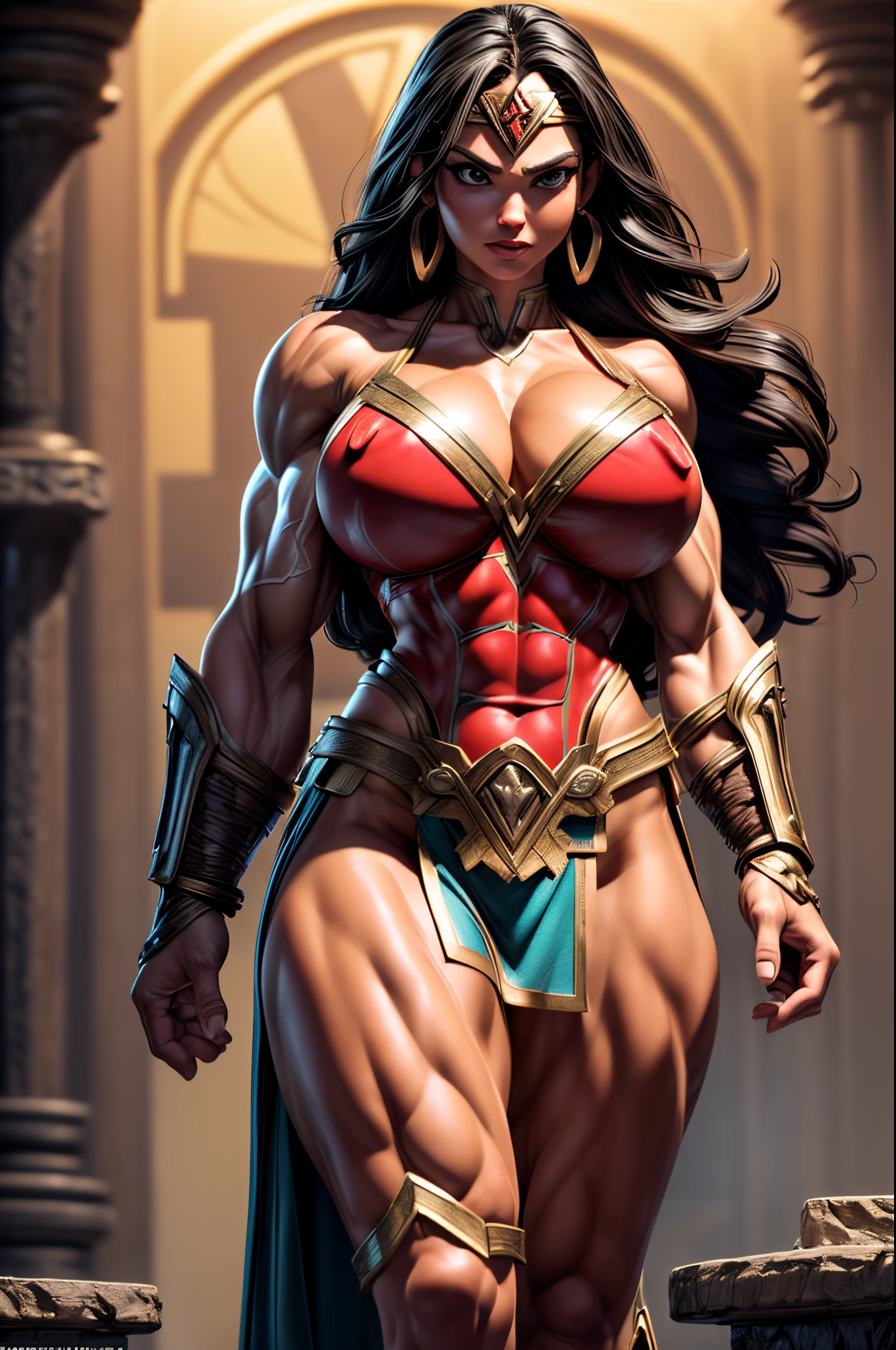 (Barbarian:1.3) version of wonder woman, savage, beauty, detailed muscle, extremely fit, bulky build, large breast, full body, amazing body, detailed face, detailed lips, detailed eyes, action scene, clear focus, Photorealistic, high detail, Realistic, Masterpiece, absurdress, Best Quality, HDR, hiquality, hight resolution, Extremely detailed, 8k wallpaper, intricate details, 8K UHD, Full-HD, (foto realista:1.2), Contrast, sharp lighting, Cinematic lighting, natural lighting, massive breasts, Overflowing breasts, ((((huge muscleassive bulging muscles, huge biceps, rock hard abs, hard nipples, detailed muscular legs, detailed muscular arms, massive hulking body, gigantic body