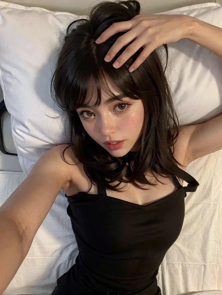 Mujer arafed acostada en una cama con las manos en la cabeza., Ella tiene el pelo negro con flequillo, con flequillo, sonrisa sensual, Charli XCX, Imagen de perfil, Flequillo contundente cae sobre su frente, flequillo negro, con flequillo completo, Kailee Mandel, Ana de Armas, flequillo de cortina, leve sonrisa, brown hair and bangs